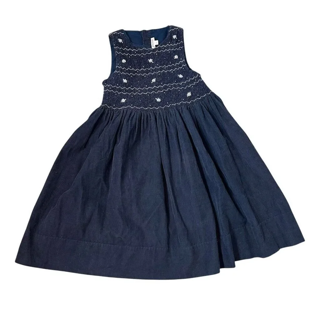 Jacadi Paris Dress Girls 6A Blue Embroidered Sleeveless Corduroy Cotton Smocked